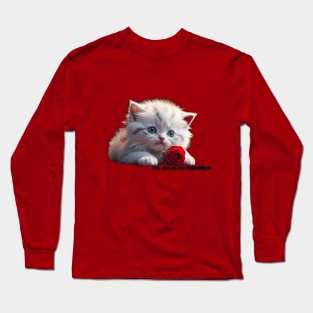 White kitty Valentine with red rose. AI generated image Long Sleeve T-Shirt